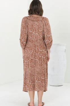 Kamali Midi Dress - Batwing Sleeve Smock Dress with Lace Detailing in Khalid Print Rust><noscript><img width=