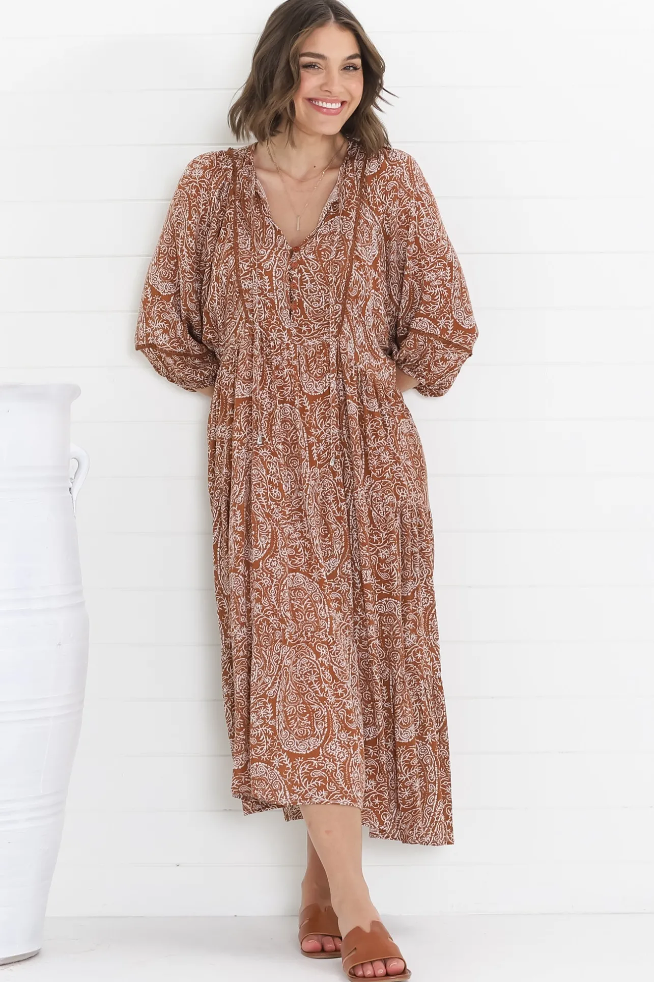 Kamali Midi Dress - Batwing Sleeve Smock Dress with Lace Detailing in Khalid Print Rust>Salty Crush Hot