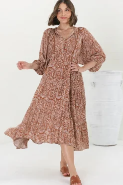 Kamali Midi Dress - Batwing Sleeve Smock Dress with Lace Detailing in Khalid Print Rust><noscript><img width=