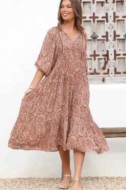 Kamali Midi Dress - Batwing Sleeve Smock Dress with Lace Detailing in Khalid Print Rust><noscript><img width=