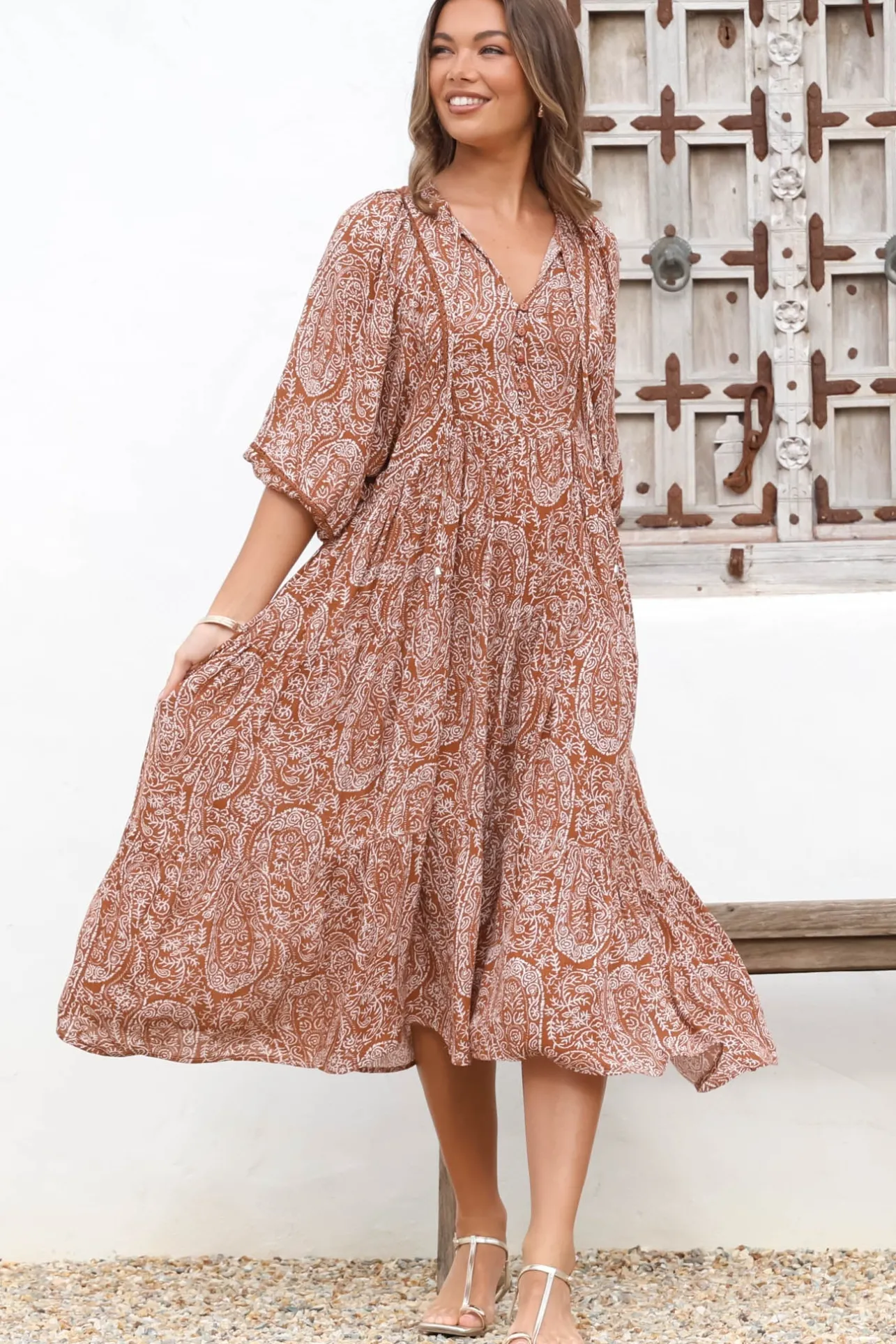 Kamali Midi Dress - Batwing Sleeve Smock Dress with Lace Detailing in Khalid Print Rust>Salty Crush Hot
