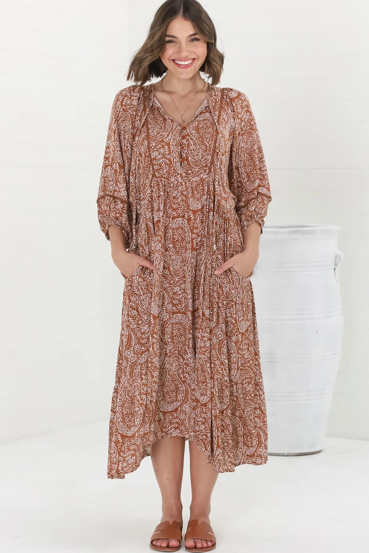 Kamali Midi Dress - Batwing Sleeve Smock Dress with Lace Detailing in Khalid Print Rust>Salty Crush Hot