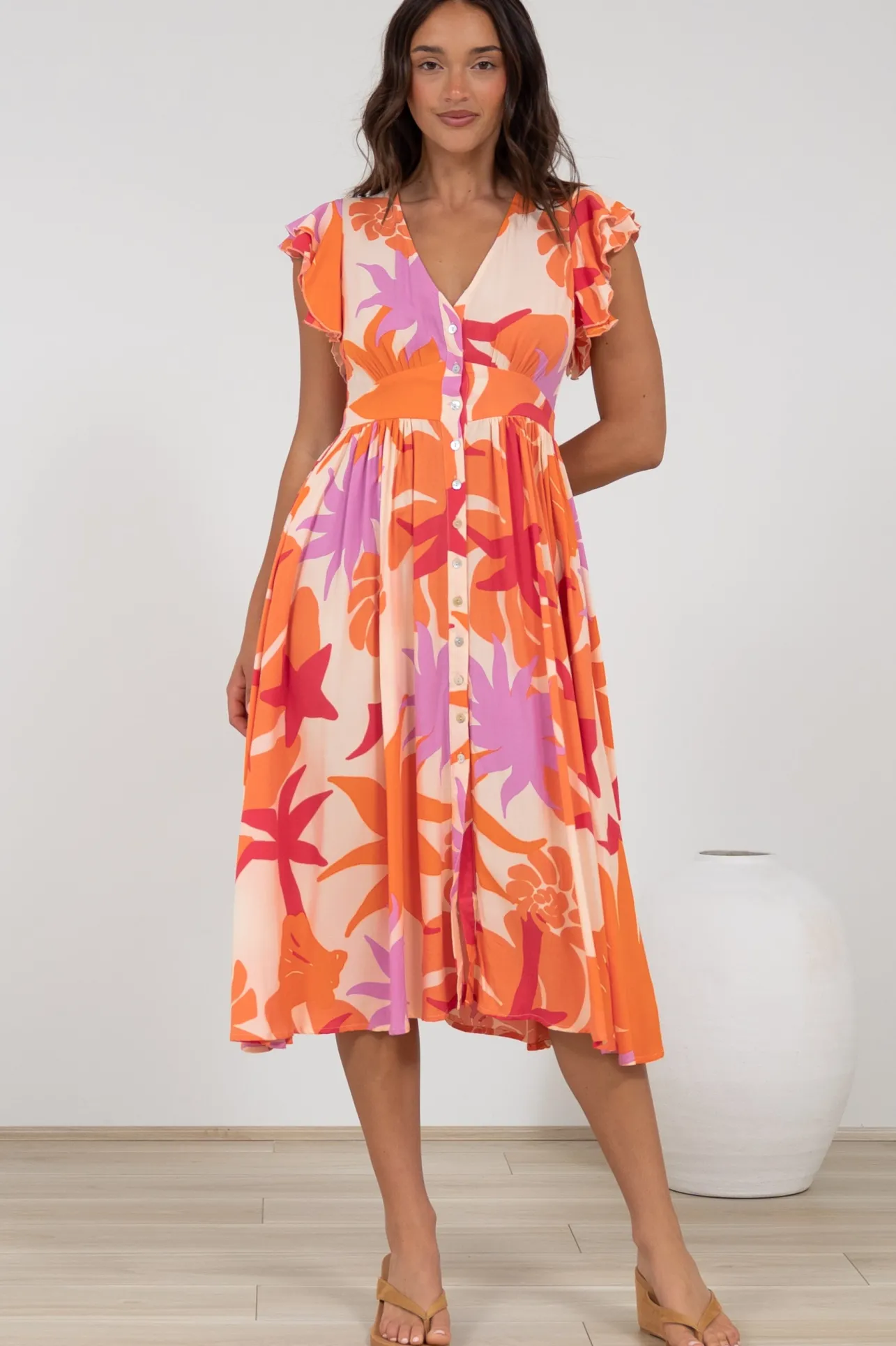 Karah Midi Dress - V Neck Frill Sleeve Dress in Kendal Print>Salty Crush Clearance