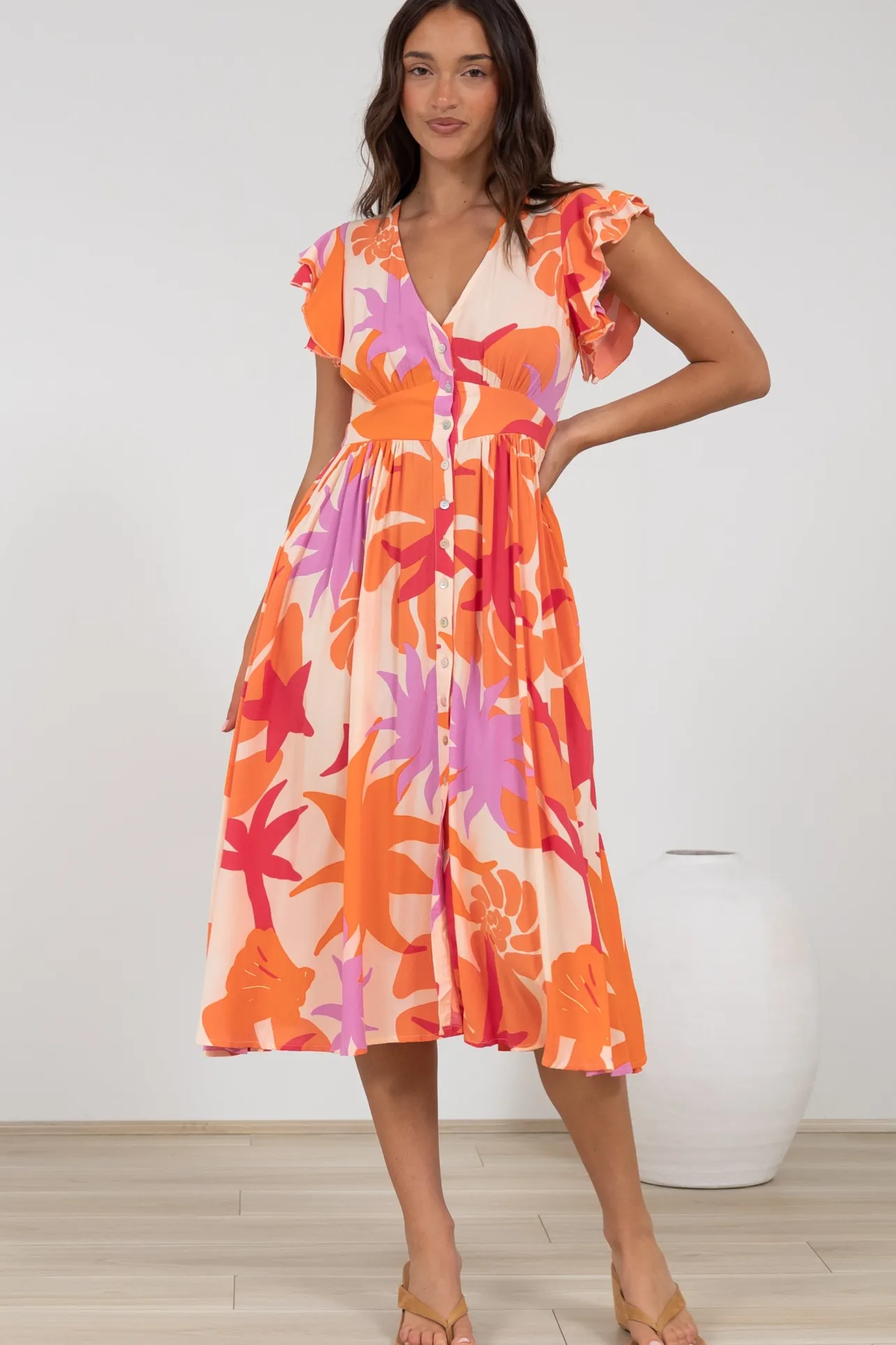 Karah Midi Dress - V Neck Frill Sleeve Dress in Kendal Print>Salty Crush Clearance