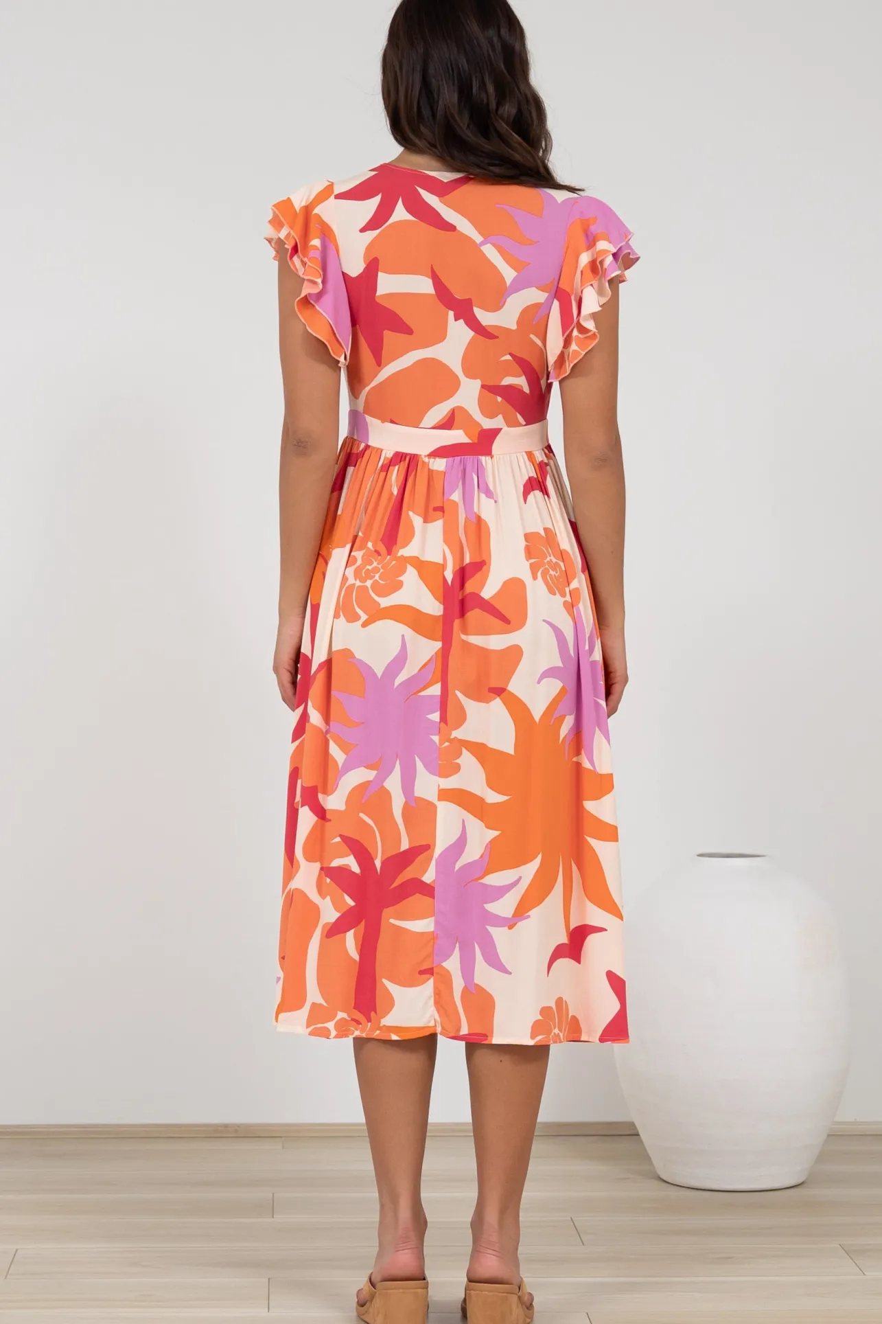 Karah Midi Dress - V Neck Frill Sleeve Dress in Kendal Print>Salty Crush Clearance