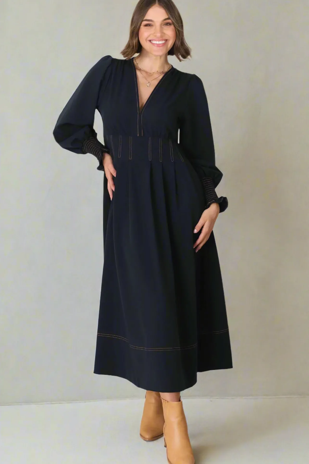 Karey Midi Dress - Dark Denim Fit and Flare Contrast Stitching Midi Dress>Salty Crush Best