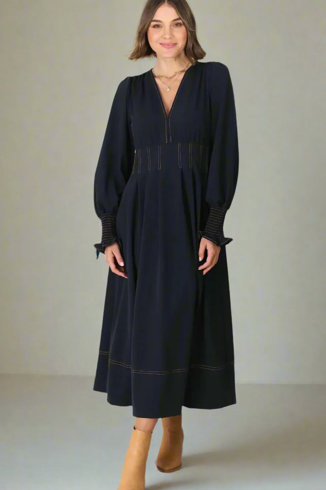 Karey Midi Dress - Dark Denim Fit and Flare Contrast Stitching Midi Dress>Salty Crush Best