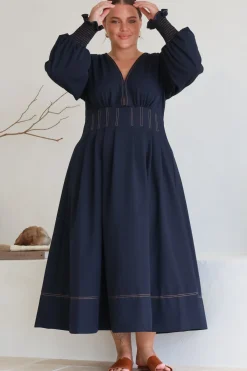 Karey Midi Dress - Dark Denim Fit and Flare Contrast Stitching Midi Dress><noscript><img width=