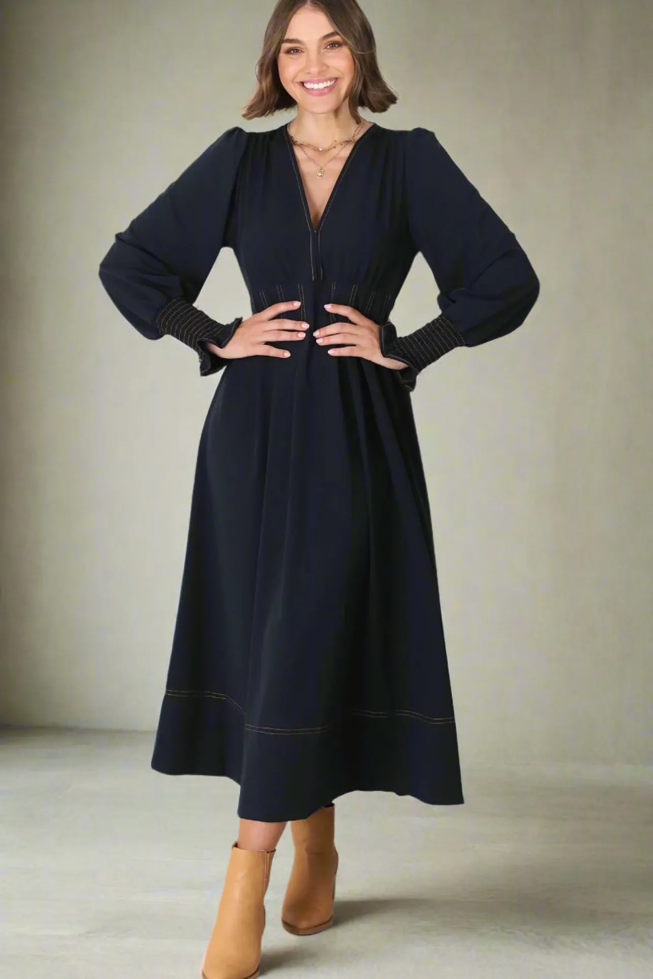 Karey Midi Dress - Dark Denim Fit and Flare Contrast Stitching Midi Dress>Salty Crush Best