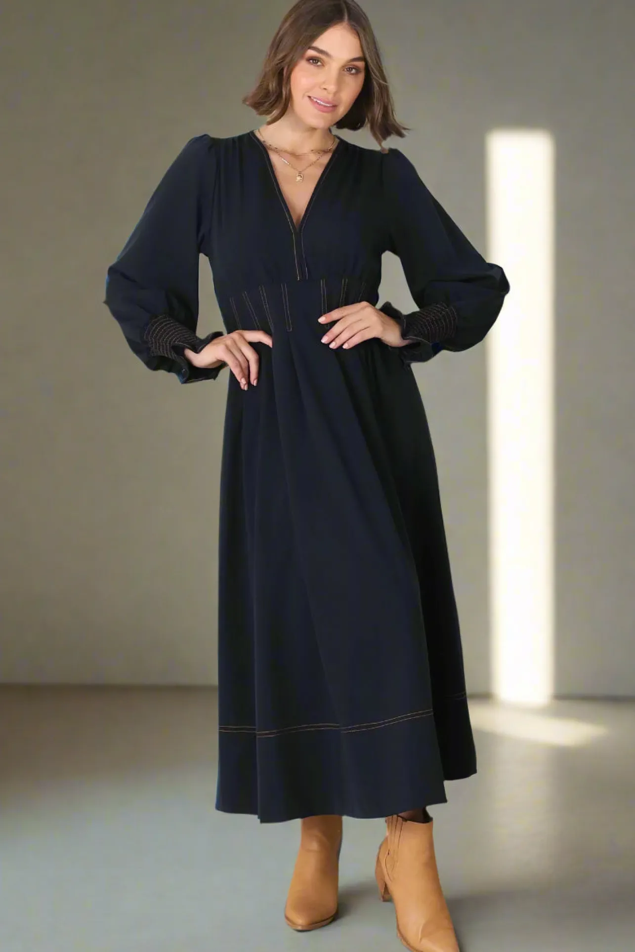 Karey Midi Dress - Dark Denim Fit and Flare Contrast Stitching Midi Dress>Salty Crush Best
