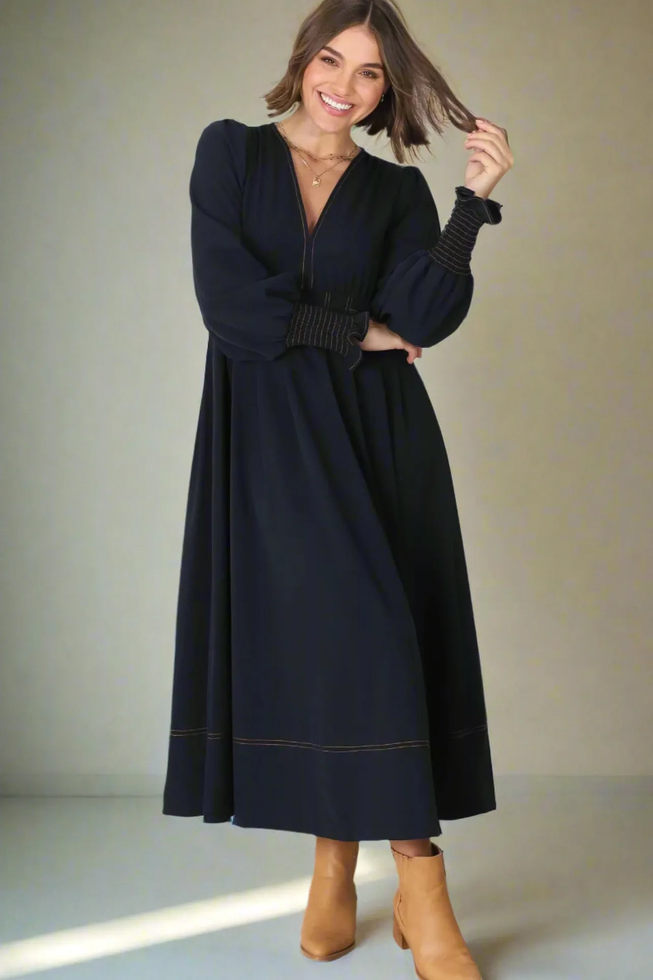 Karey Midi Dress - Dark Denim Fit and Flare Contrast Stitching Midi Dress>Salty Crush Best