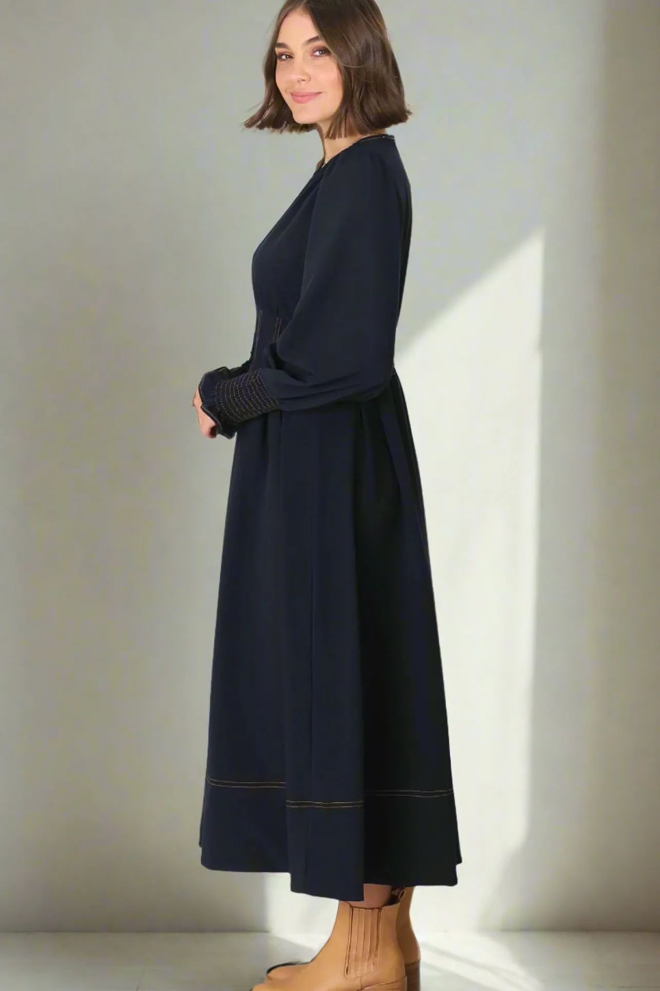 Karey Midi Dress - Dark Denim Fit and Flare Contrast Stitching Midi Dress>Salty Crush Best