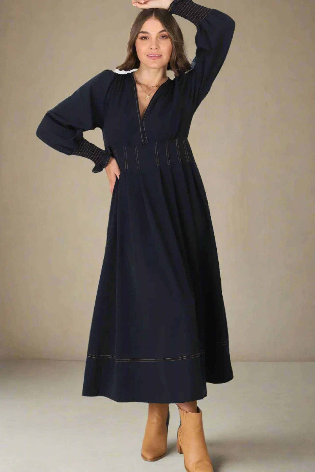 Karey Midi Dress - Dark Denim Fit and Flare Contrast Stitching Midi Dress>Salty Crush Best