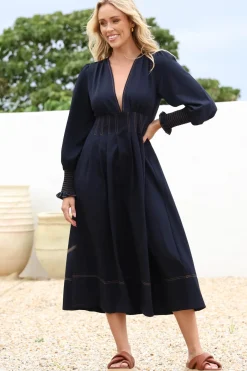 Karey Midi Dress - Dark Denim Fit and Flare Contrast Stitching Midi Dress><noscript><img width=