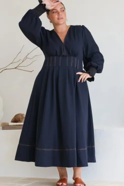 Karey Midi Dress - Dark Denim Fit and Flare Contrast Stitching Midi Dress><noscript><img width=