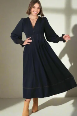 Karey Midi Dress - Dark Denim Fit and Flare Contrast Stitching Midi Dress><noscript><img width=