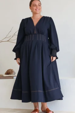 Karey Midi Dress - Dark Denim Fit and Flare Contrast Stitching Midi Dress><noscript><img width=