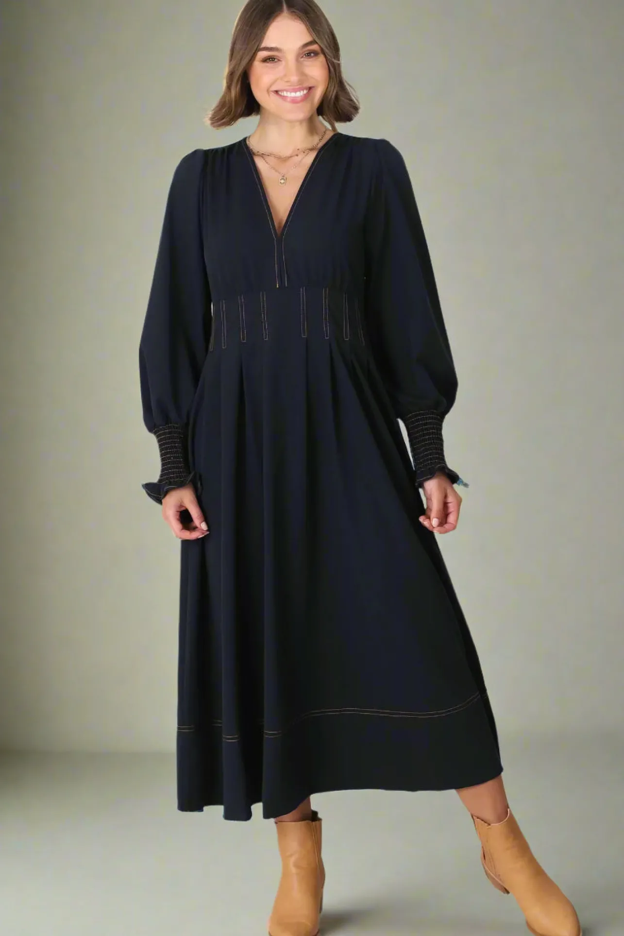 Karey Midi Dress - Dark Denim Fit and Flare Contrast Stitching Midi Dress>Salty Crush Best