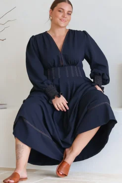 Karey Midi Dress - Dark Denim Fit and Flare Contrast Stitching Midi Dress><noscript><img width=