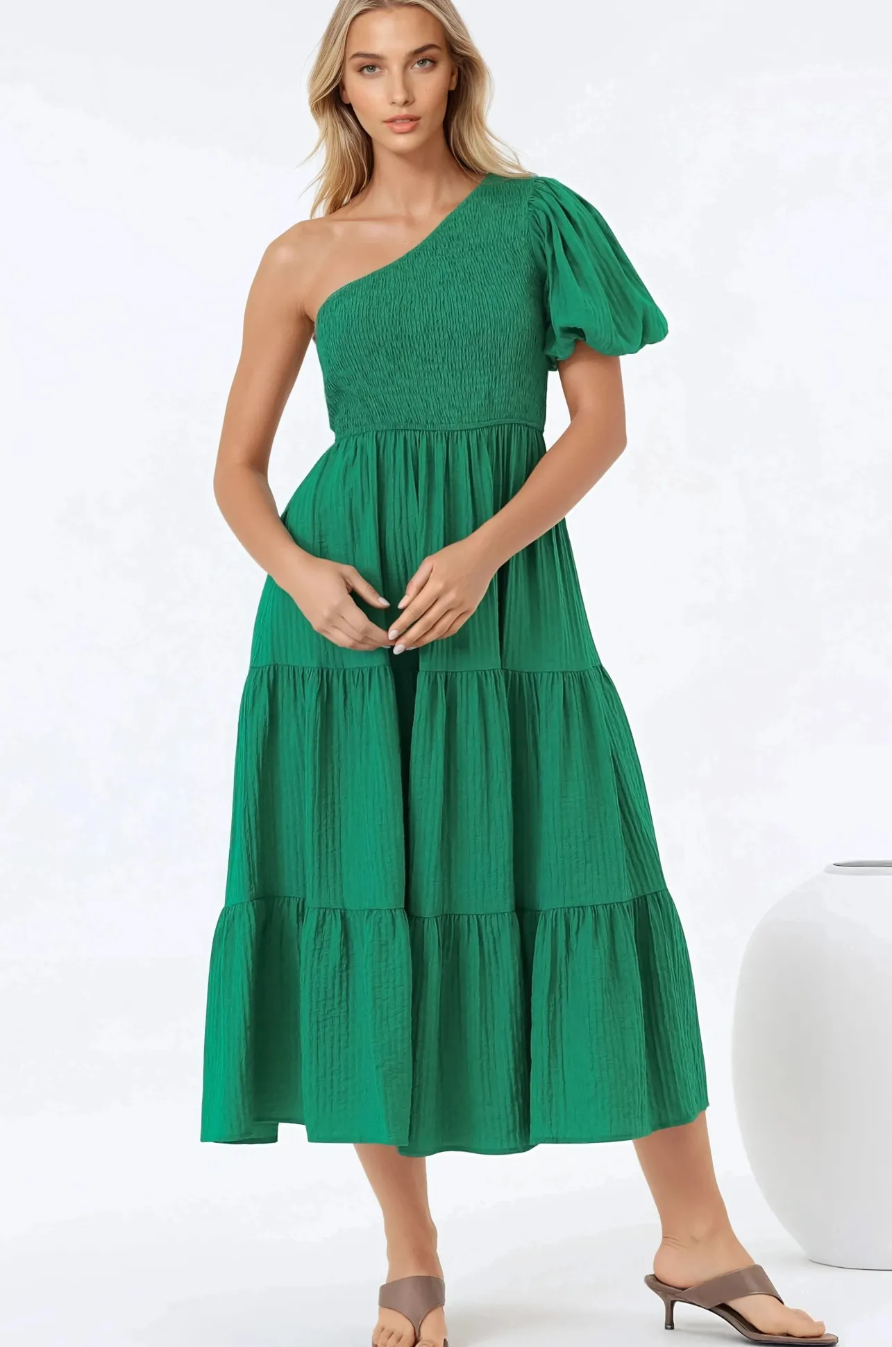 Karoline Midi Dress - One Shoulder Puffy Sleeve Tiered Dress in Green>Salty Crush Sale