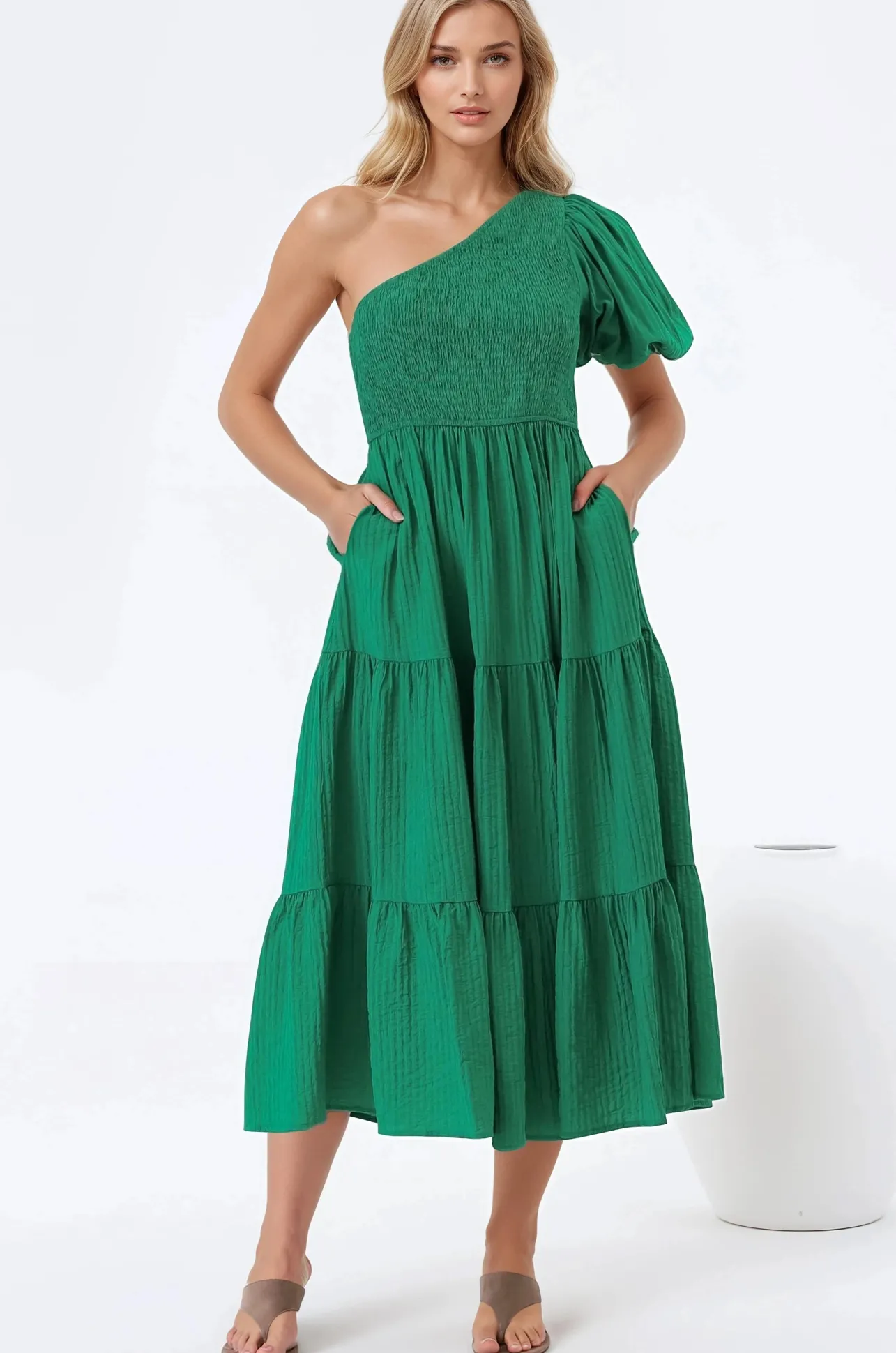 Karoline Midi Dress - One Shoulder Puffy Sleeve Tiered Dress in Green>Salty Crush Sale