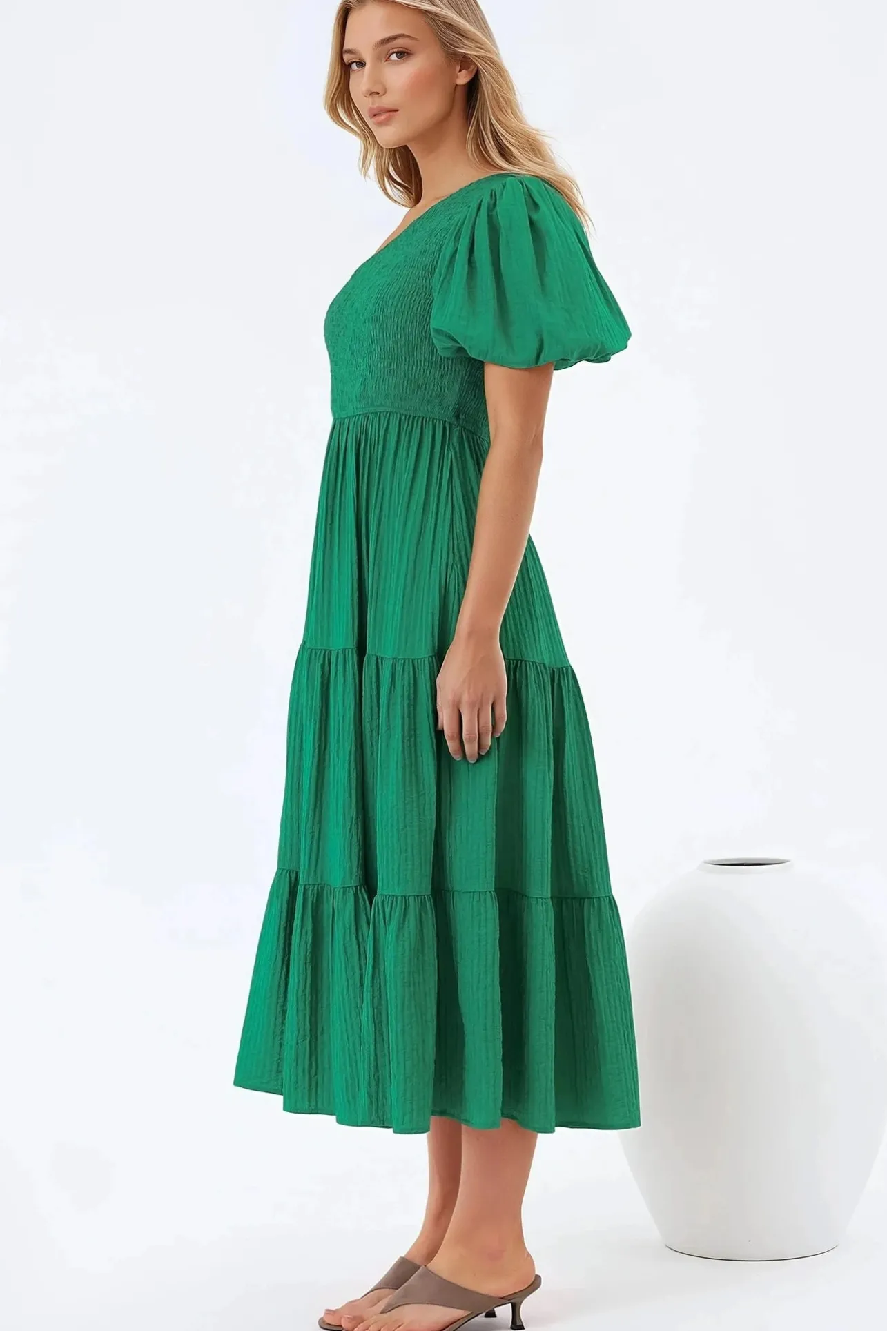 Karoline Midi Dress - One Shoulder Puffy Sleeve Tiered Dress in Green>Salty Crush Sale