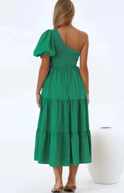 Karoline Midi Dress - One Shoulder Puffy Sleeve Tiered Dress in Green><noscript><img width=