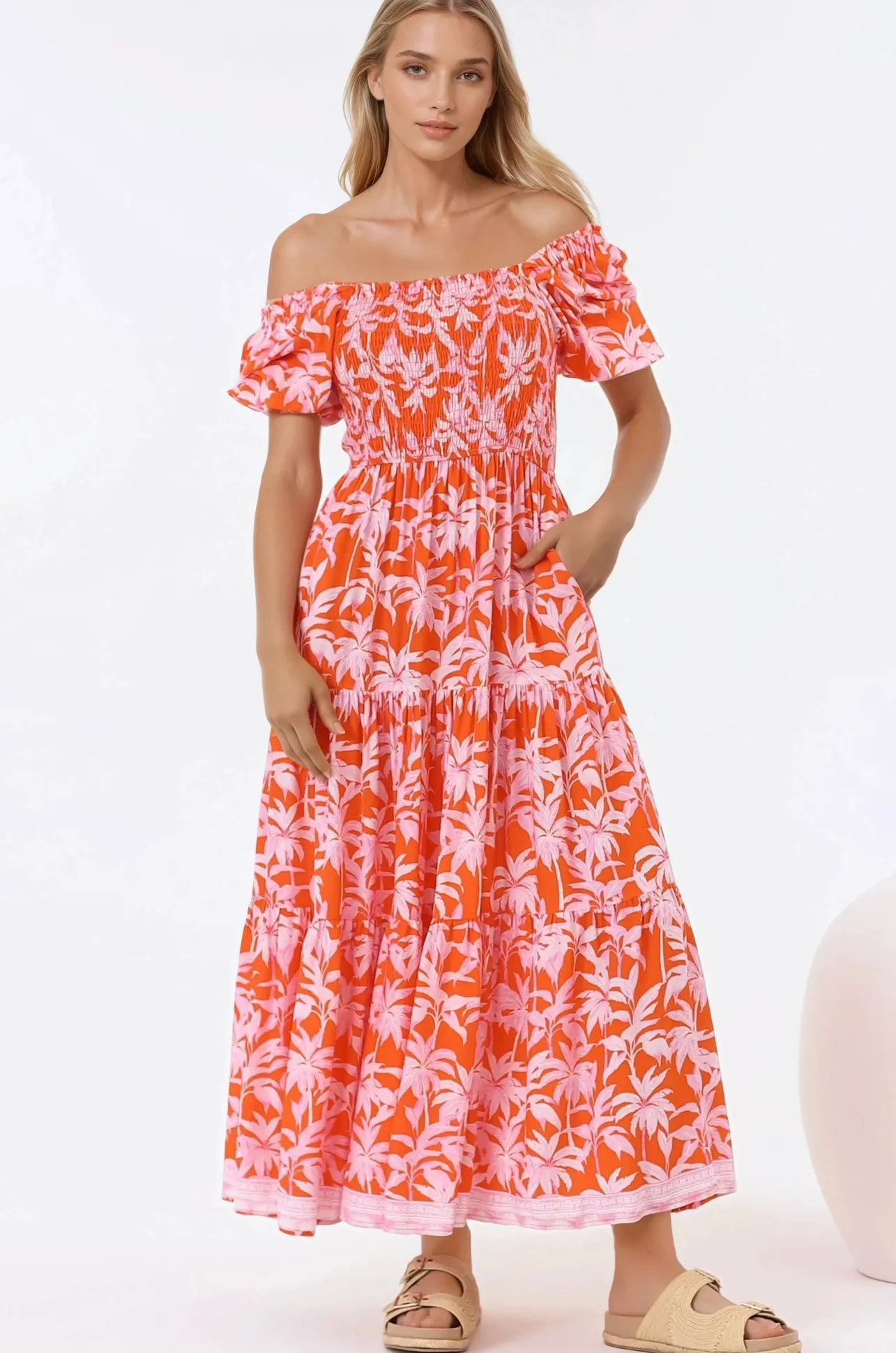 Karrigan Maxi Dress - Elasticated Bodice Short Billow Sleeve Dress in Jillia Print>Salty Crush Best