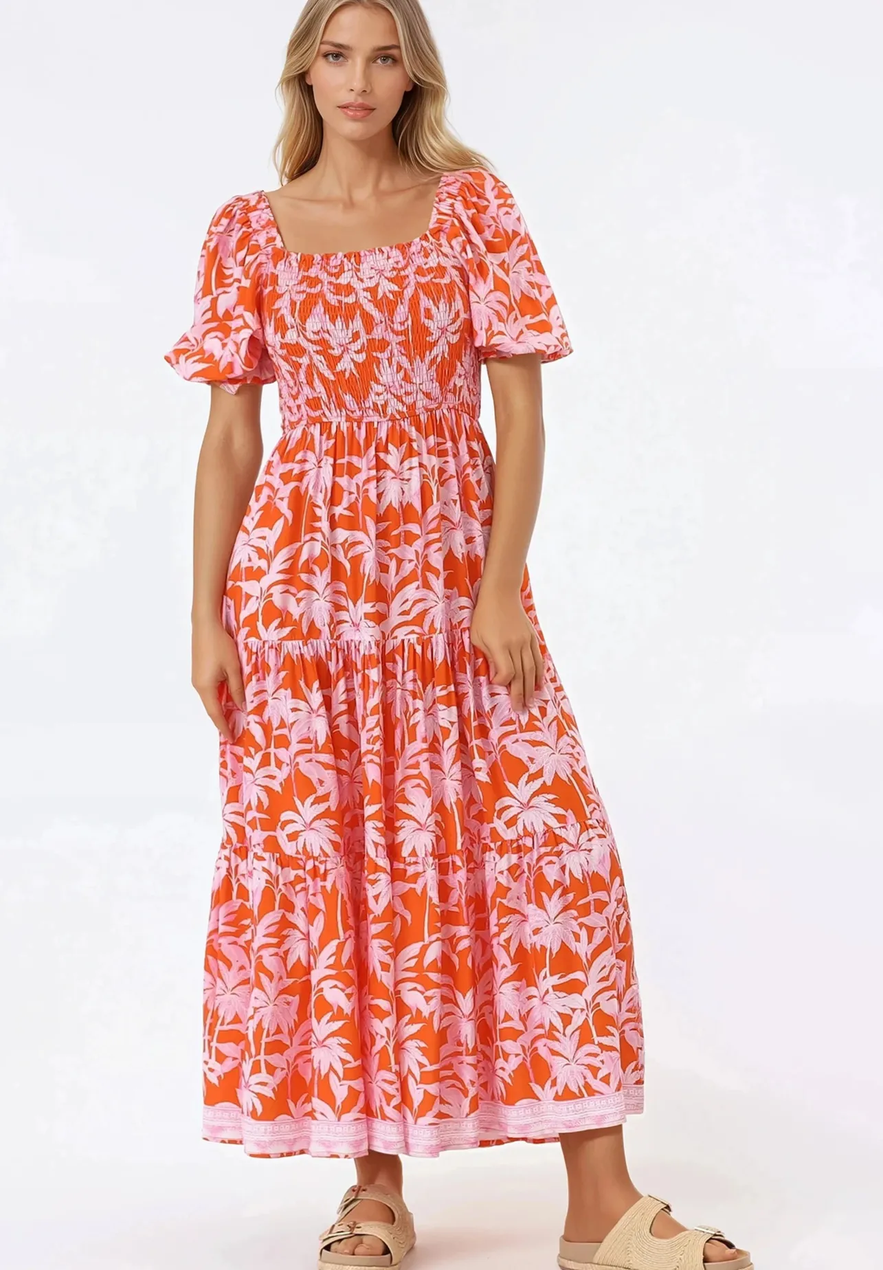 Karrigan Maxi Dress - Elasticated Bodice Short Billow Sleeve Dress in Jillia Print>Salty Crush Best