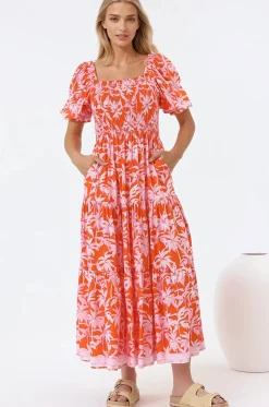Karrigan Maxi Dress - Elasticated Bodice Short Billow Sleeve Dress in Jillia Print><noscript><img width=