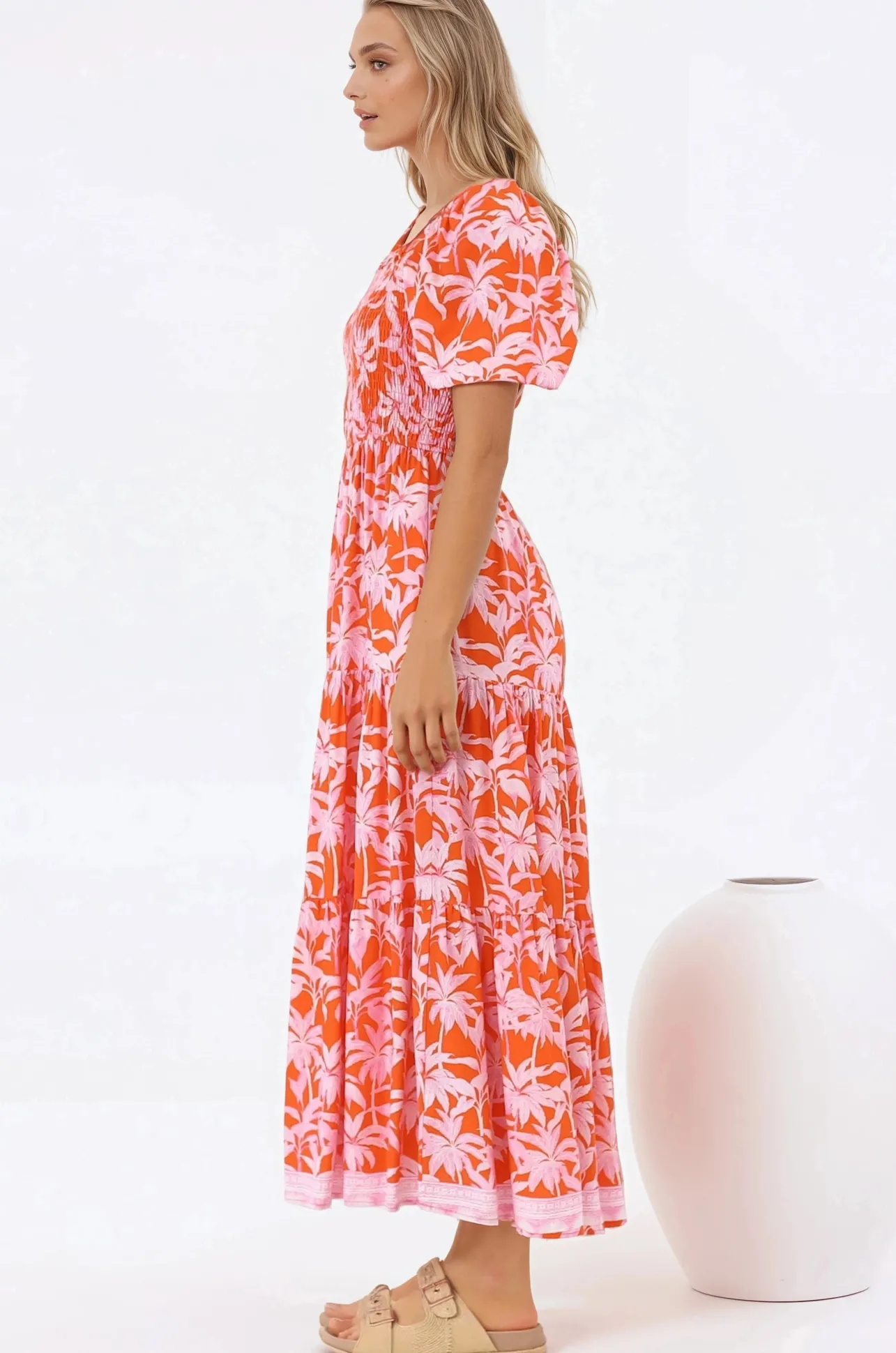 Karrigan Maxi Dress - Elasticated Bodice Short Billow Sleeve Dress in Jillia Print>Salty Crush Best