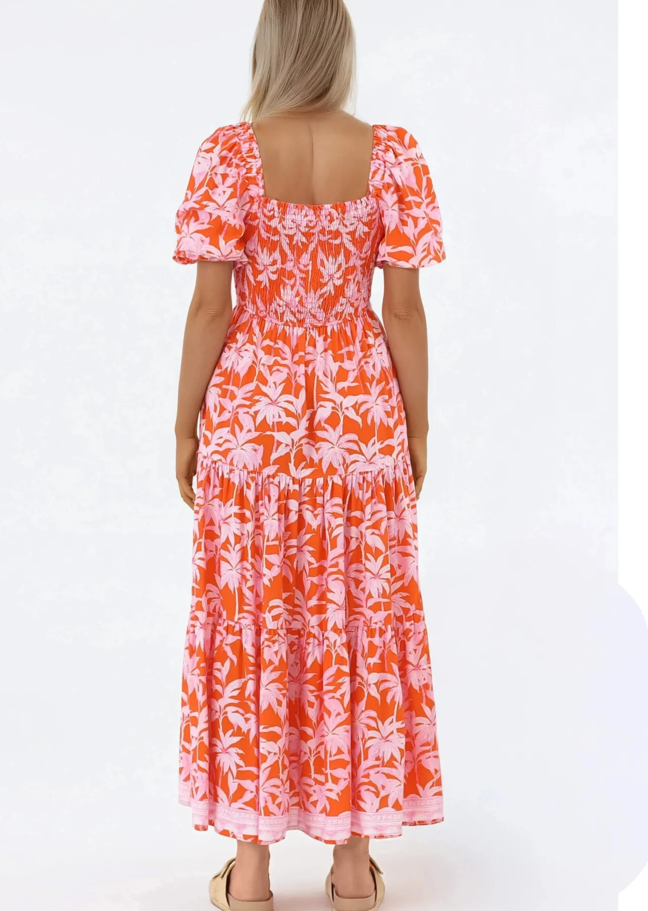 Karrigan Maxi Dress - Elasticated Bodice Short Billow Sleeve Dress in Jillia Print>Salty Crush Best