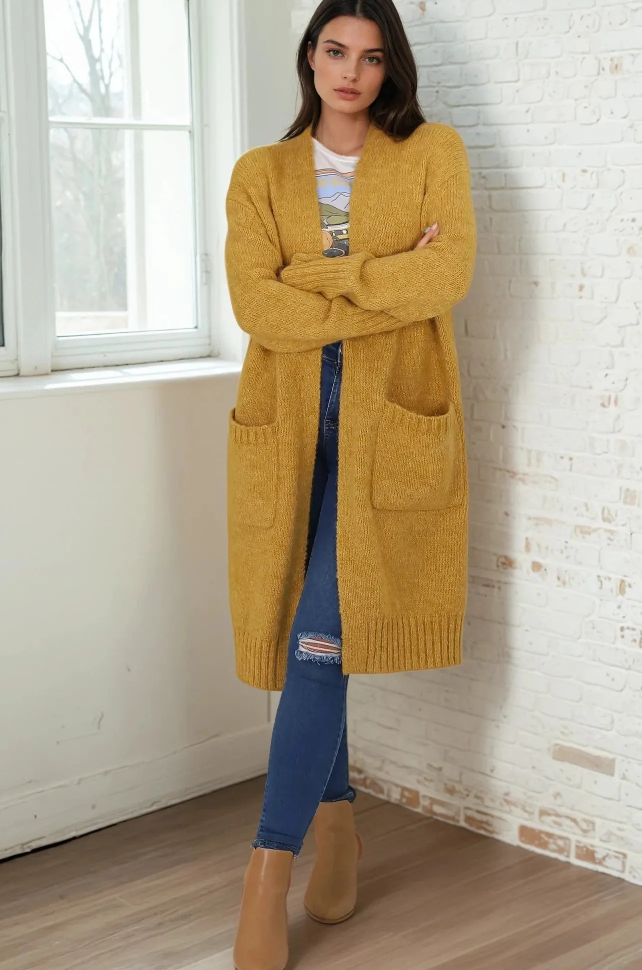 Kartika Cardigan - Long Ribbed Cuff and Hem Cardigan with Pockets in Mustard>Salty Crush Discount