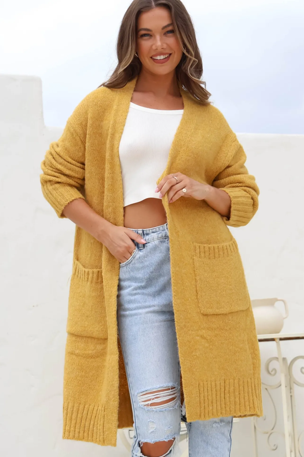 Kartika Cardigan - Long Ribbed Cuff and Hem Cardigan with Pockets in Mustard>Salty Crush Discount