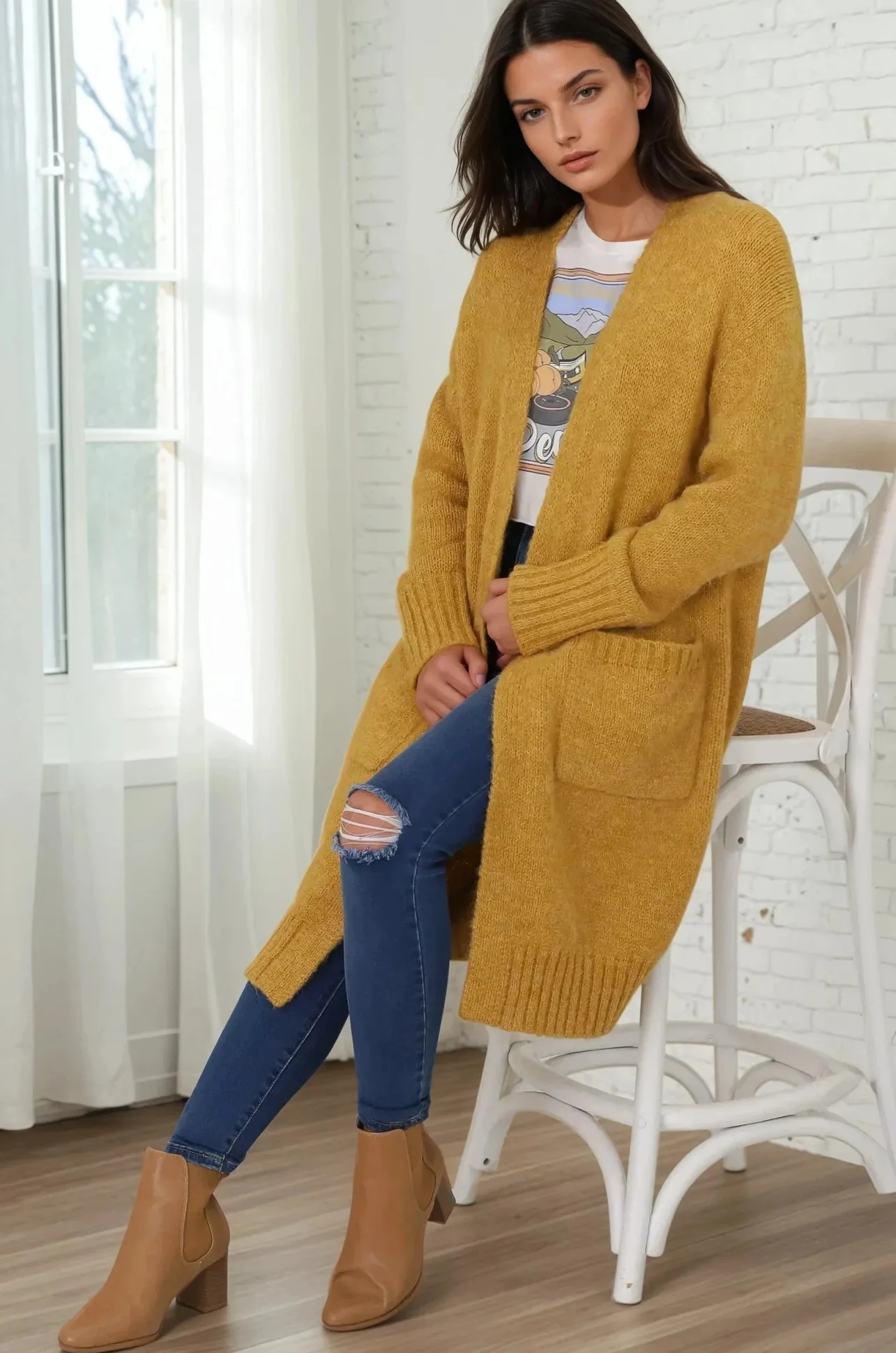 Kartika Cardigan - Long Ribbed Cuff and Hem Cardigan with Pockets in Mustard>Salty Crush Discount