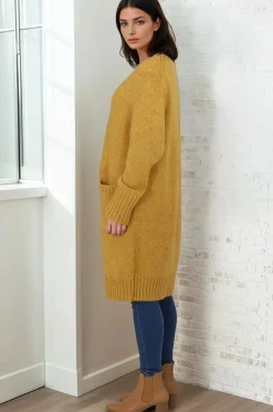 Kartika Cardigan - Long Ribbed Cuff and Hem Cardigan with Pockets in Mustard><noscript><img width=