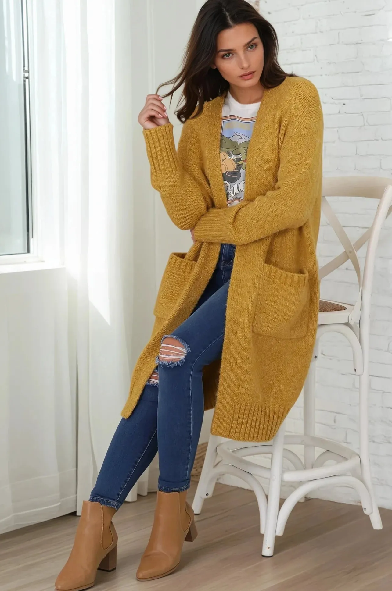 Kartika Cardigan - Long Ribbed Cuff and Hem Cardigan with Pockets in Mustard>Salty Crush Discount