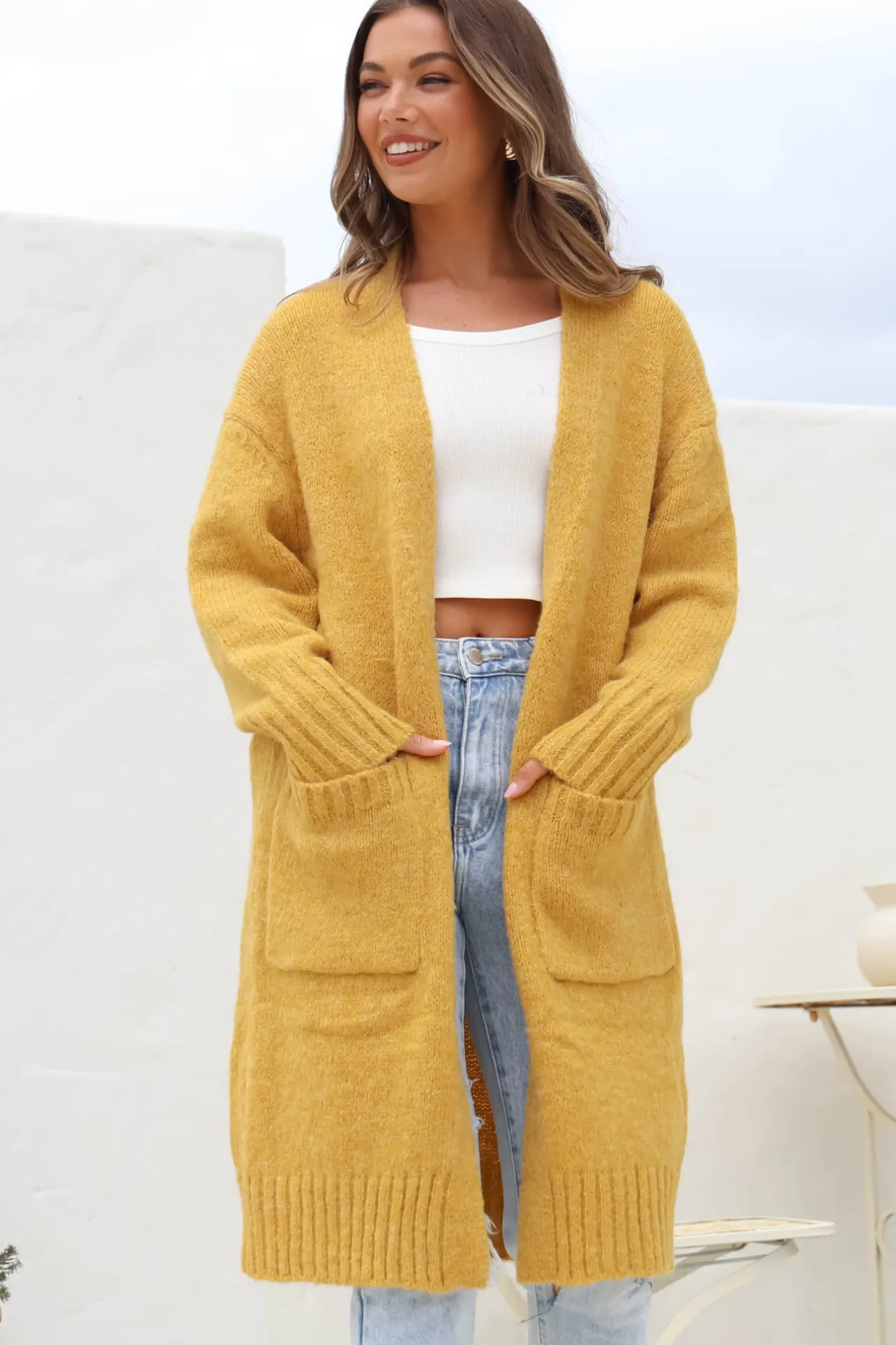 Kartika Cardigan - Long Ribbed Cuff and Hem Cardigan with Pockets in Mustard>Salty Crush Discount