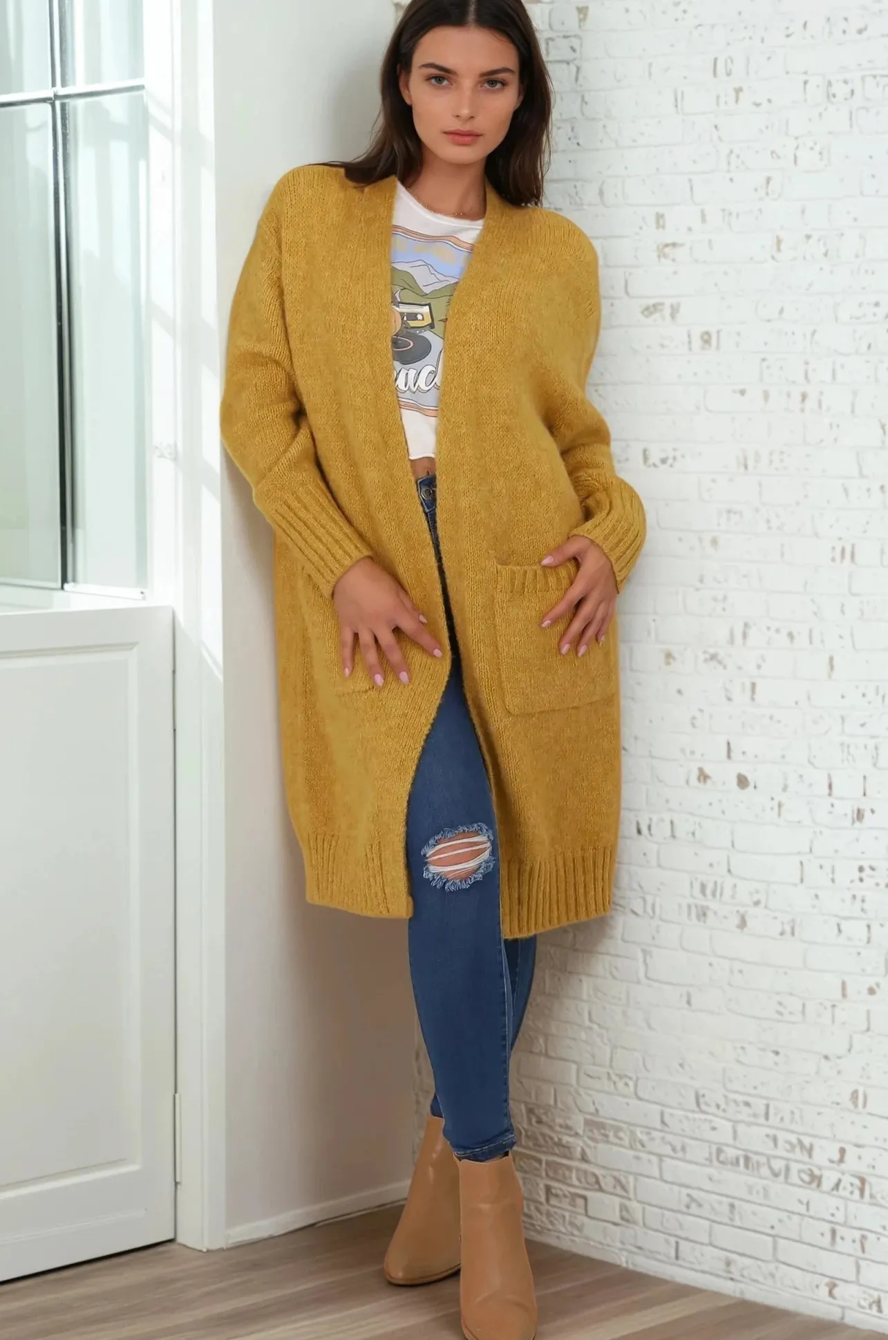 Kartika Cardigan - Long Ribbed Cuff and Hem Cardigan with Pockets in Mustard>Salty Crush Discount
