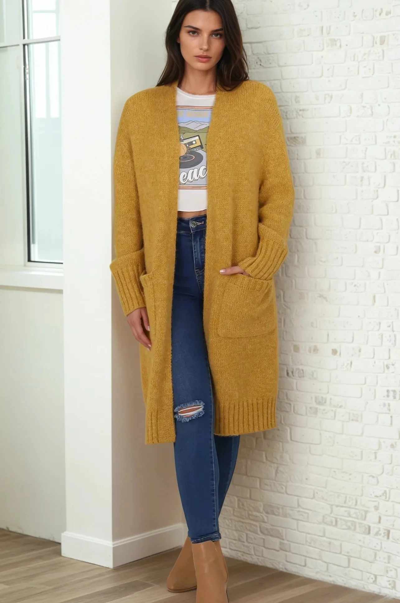 Kartika Cardigan - Long Ribbed Cuff and Hem Cardigan with Pockets in Mustard>Salty Crush Discount