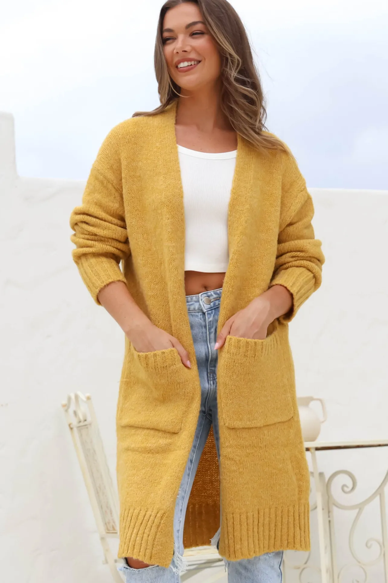 Kartika Cardigan - Long Ribbed Cuff and Hem Cardigan with Pockets in Mustard>Salty Crush Discount