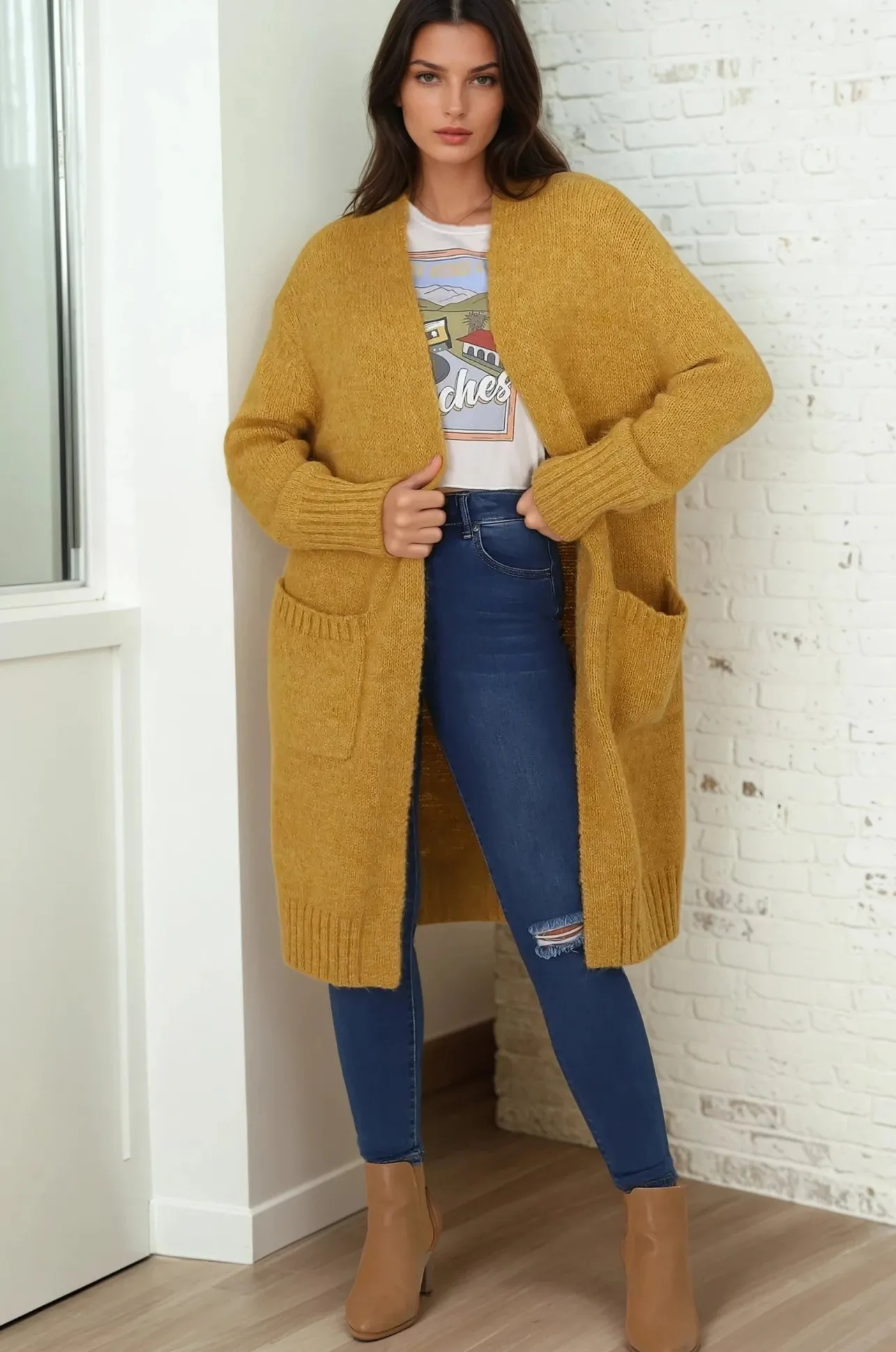 Kartika Cardigan - Long Ribbed Cuff and Hem Cardigan with Pockets in Mustard>Salty Crush Discount