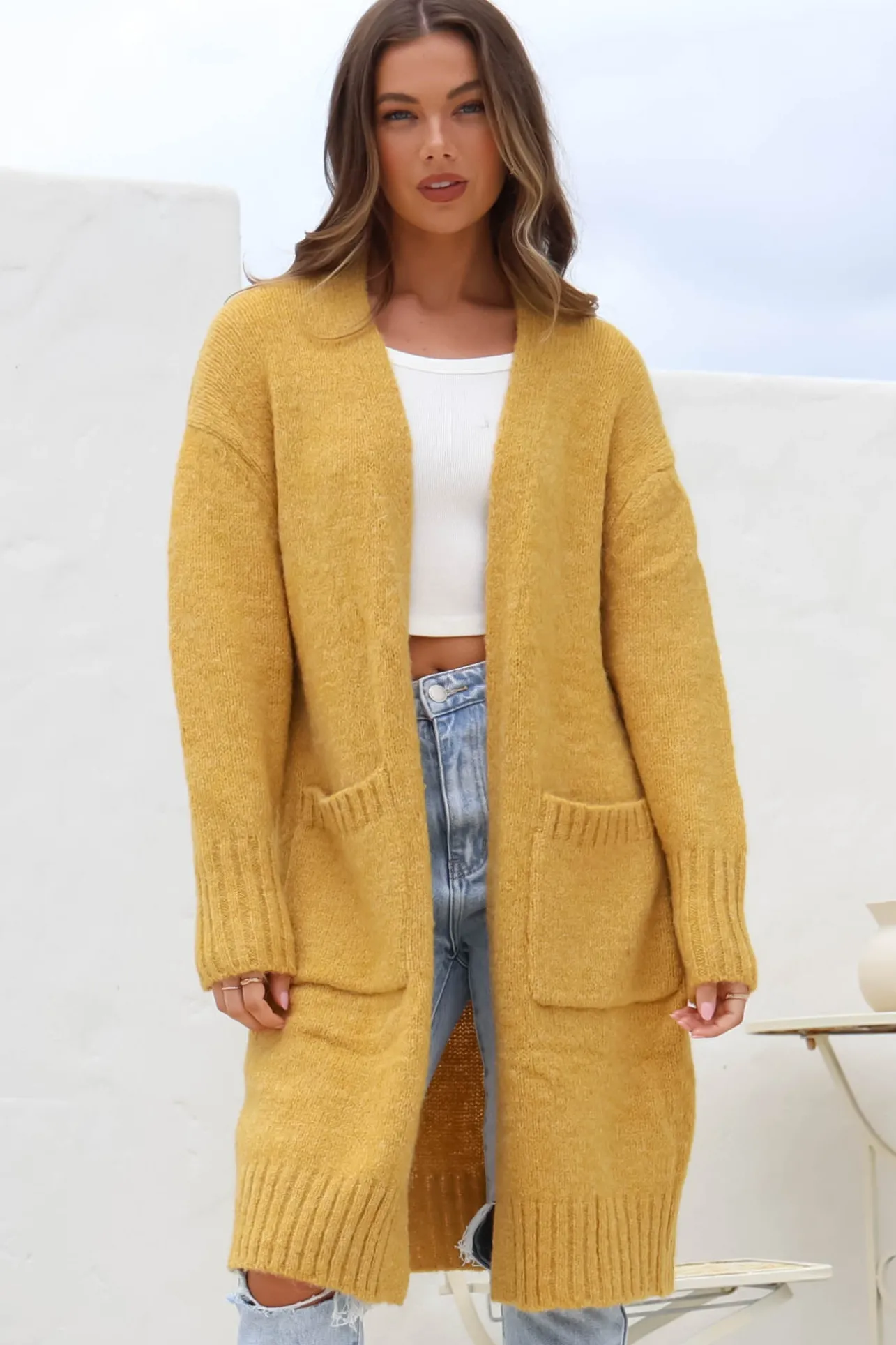 Kartika Cardigan - Long Ribbed Cuff and Hem Cardigan with Pockets in Mustard>Salty Crush Discount