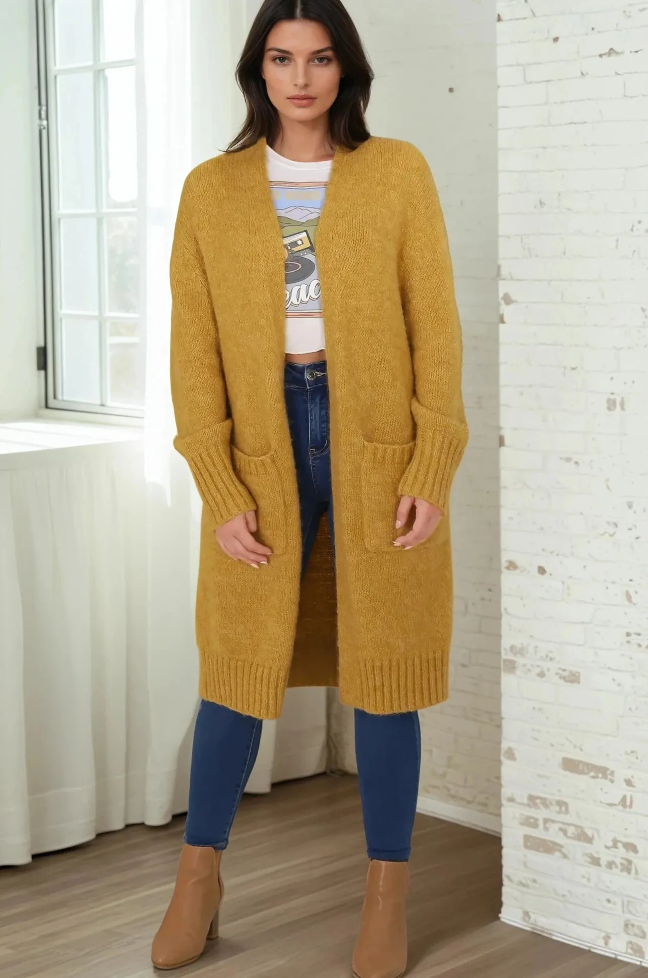 Kartika Cardigan - Long Ribbed Cuff and Hem Cardigan with Pockets in Mustard>Salty Crush Discount