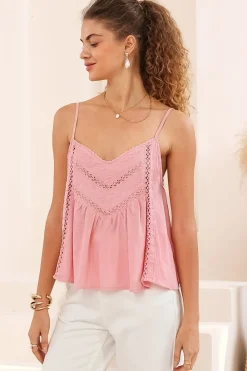 Kaydra Top - Delicate Lace Detailed Cami with Adjustable Straps in Pink><noscript><img width=