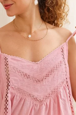 Kaydra Top - Delicate Lace Detailed Cami with Adjustable Straps in Pink><noscript><img width=