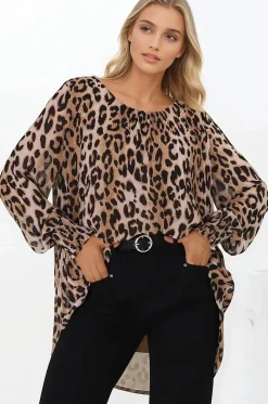 Kayt Blouse - Plisse Long Sleeve Top with High-Low Hemline in Leopard Print>Salty Crush