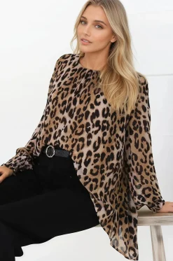 Kayt Blouse - Plisse Long Sleeve Top with High-Low Hemline in Leopard Print>Salty Crush