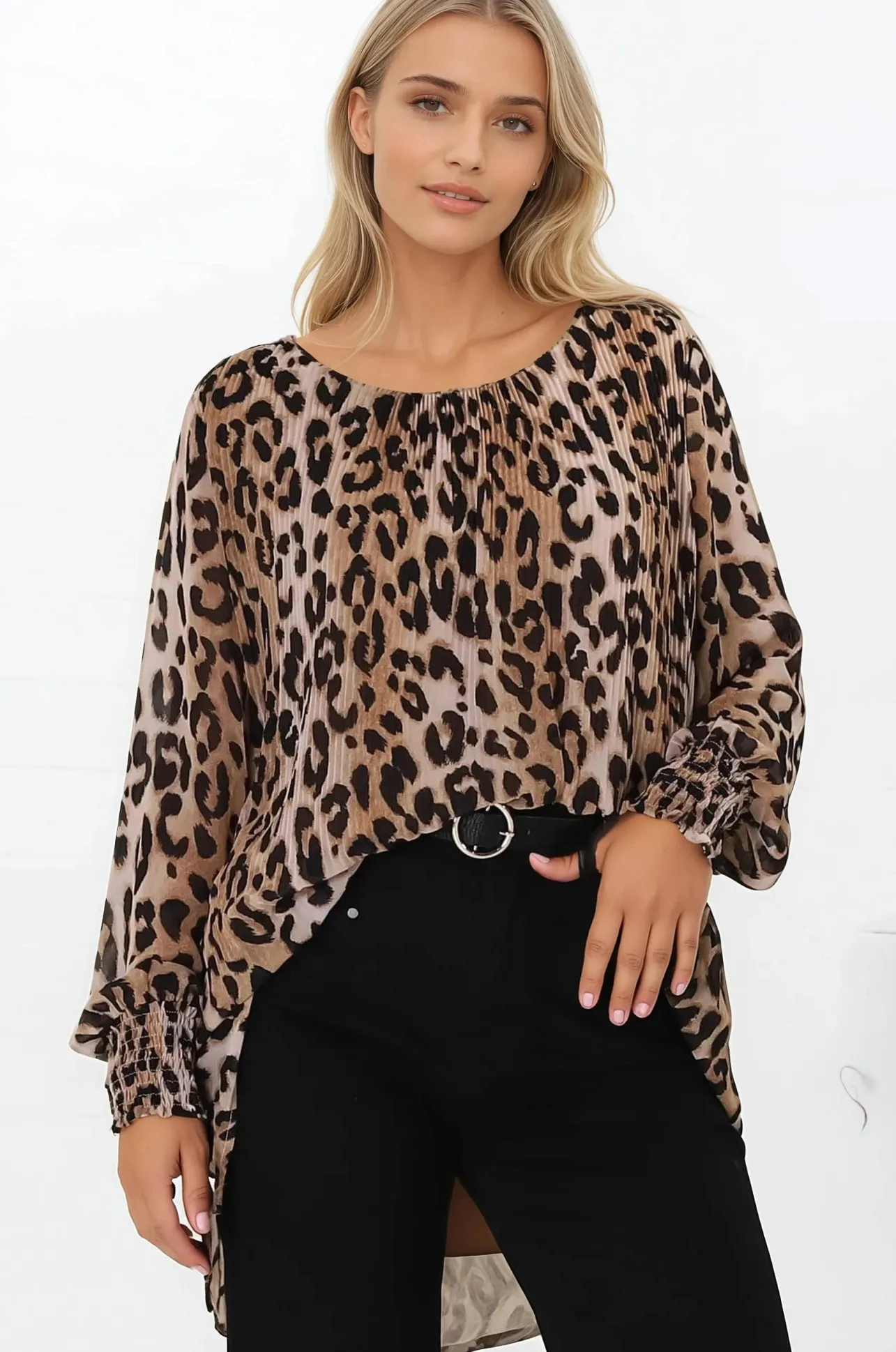 Kayt Blouse - Plisse Long Sleeve Top with High-Low Hemline in Leopard Print>Salty Crush