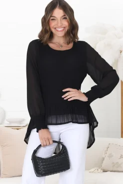 Kayt Blouse - Plisse Long Sleeve Top with High-Low Hemline in Black>Salty Crush Sale